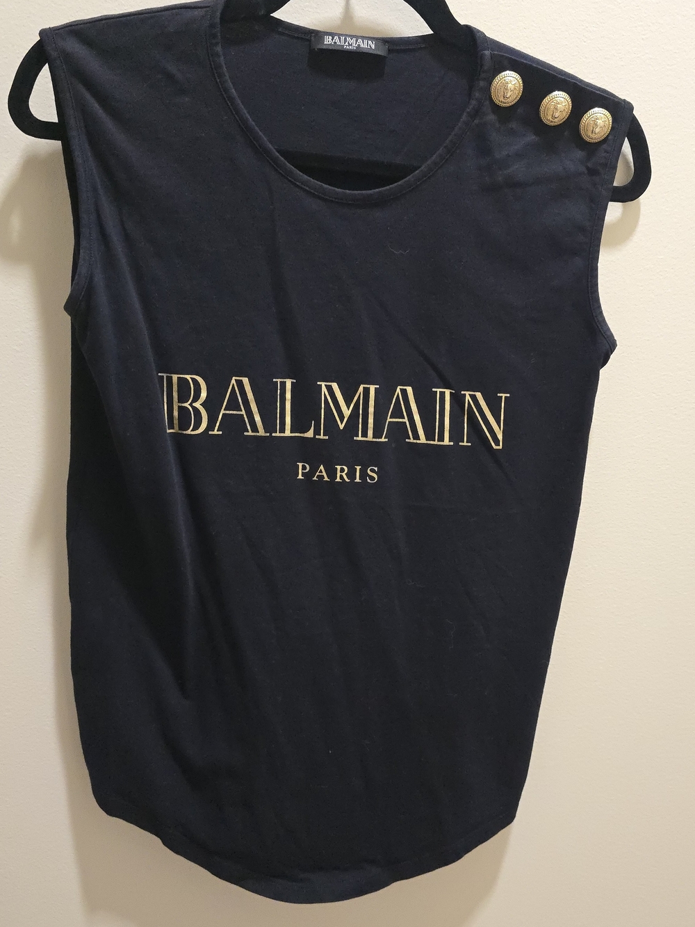 Balmain Paris Women's Black Logo Sleeveless Top with Gold Buttons 34